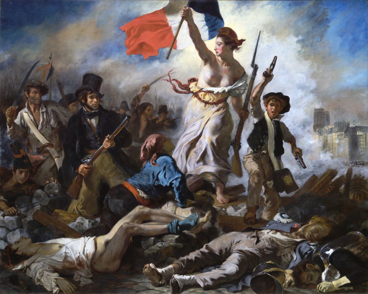 Svoboda vede lid na barikády. Eugène Delacroix (1830)
