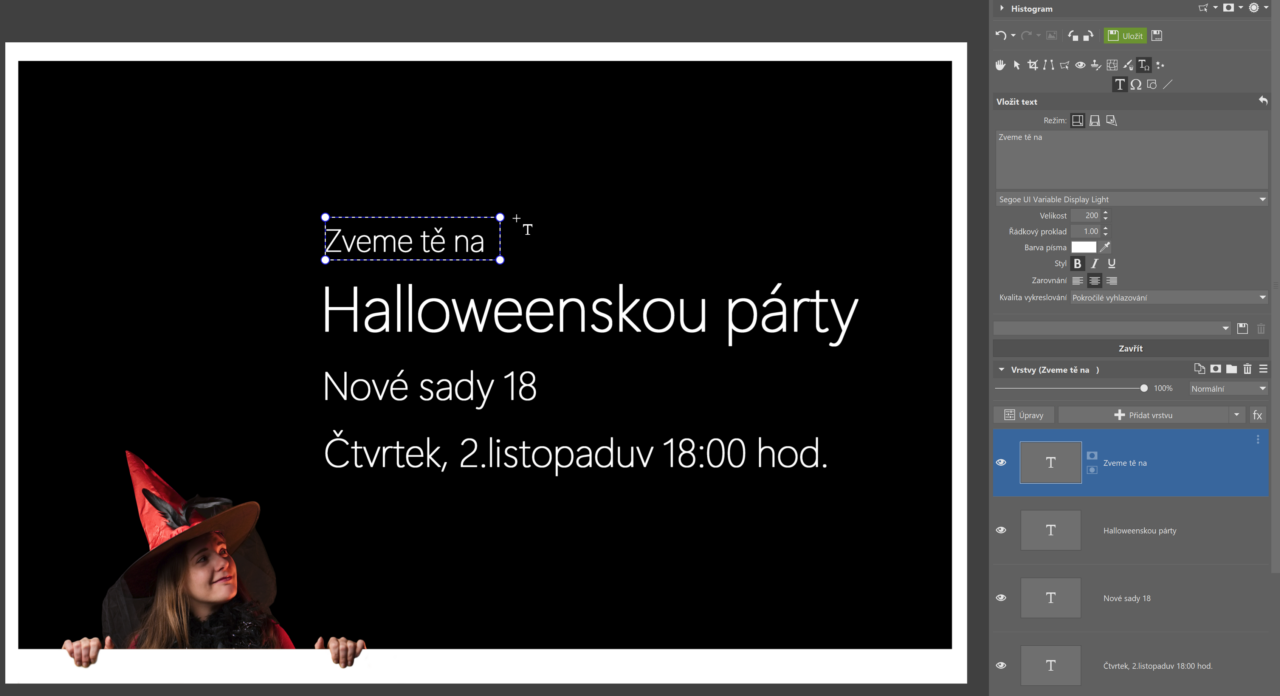 Vytvořte pozvánku nebo banner, přidejte text