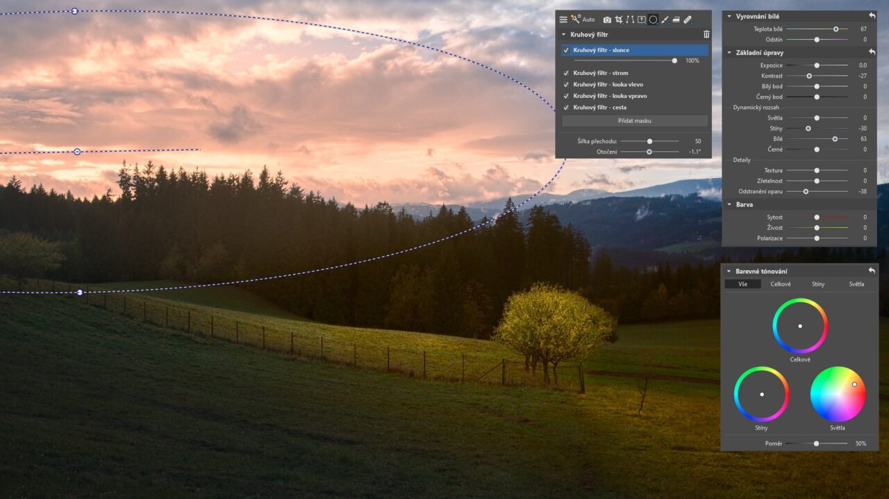 úprava krajiny, kruhový filtr, barevné tónování, světelný zdroj