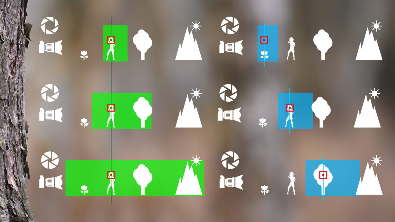 APS-C vs Full-frame, Velikost snímače, grafika ohniskové vzdálenosti a roviny ostření